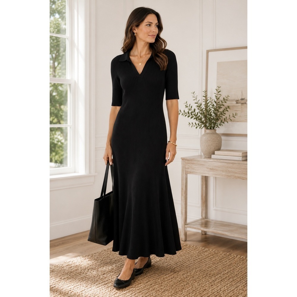 Tuckernuck Janie Black Rib Knit Maxi Dress XXL V Neck Fit Flare Stretch